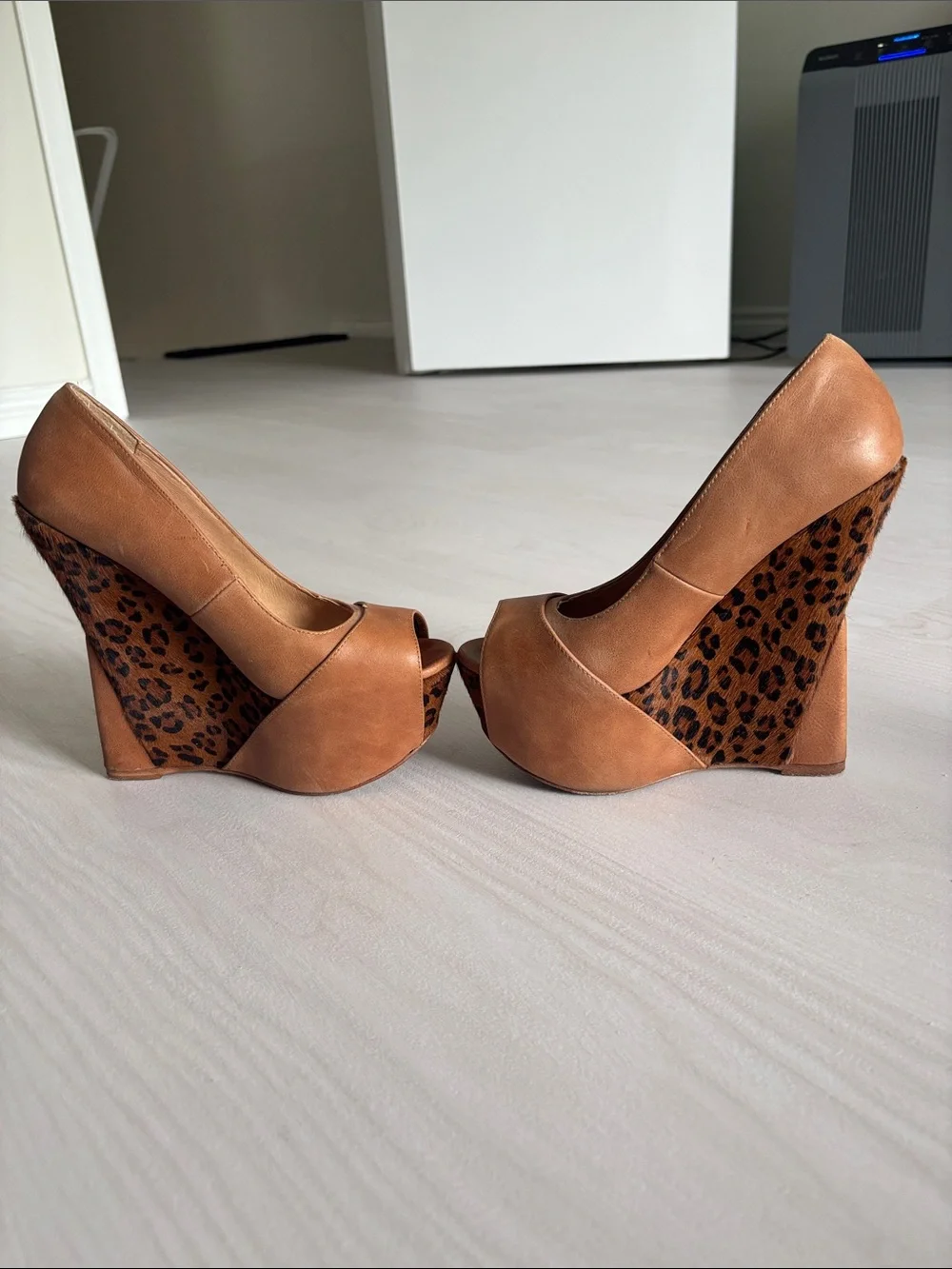 Tan Peep-Toe Platform Heels with Leopard Accent